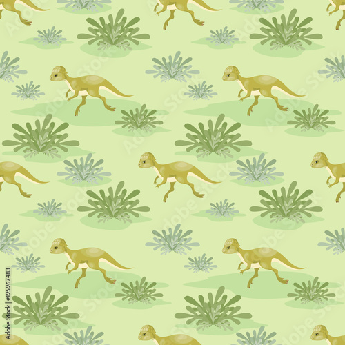 Colorful seamless pattern with the image of funny dinosaurs in cartoon style. Vector background.