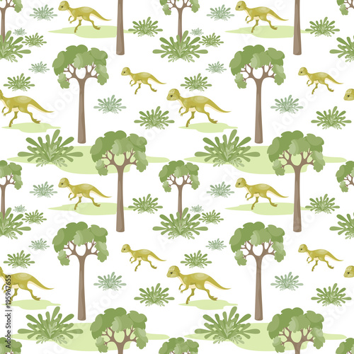 Colorful seamless pattern with the image of funny dinosaurs in cartoon style. Vector background.