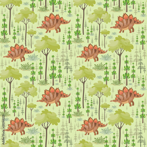 Colorful seamless pattern with the image of funny dinosaurs in cartoon style. Vector background.