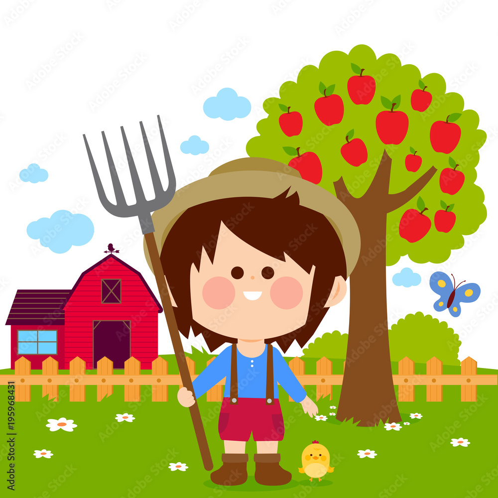 Little farmer boy at the farm. Vector illustration Stock Vector | Adobe ...