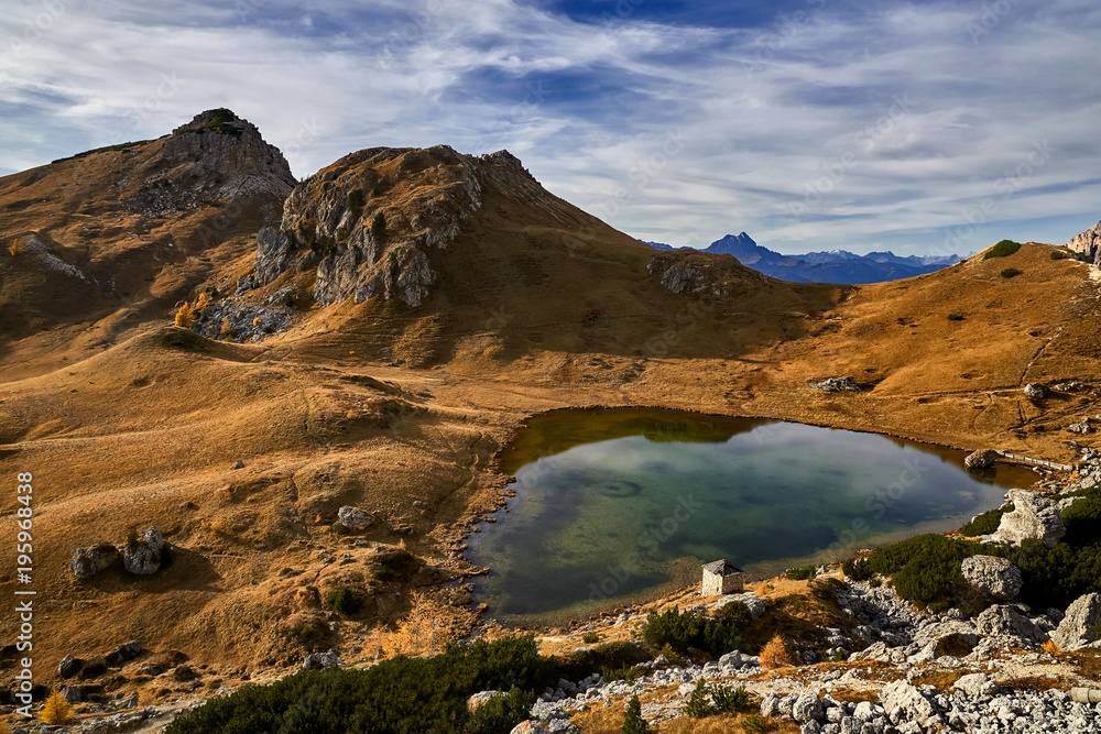 Small lake under Passo Valparola, Dolomites, Italy