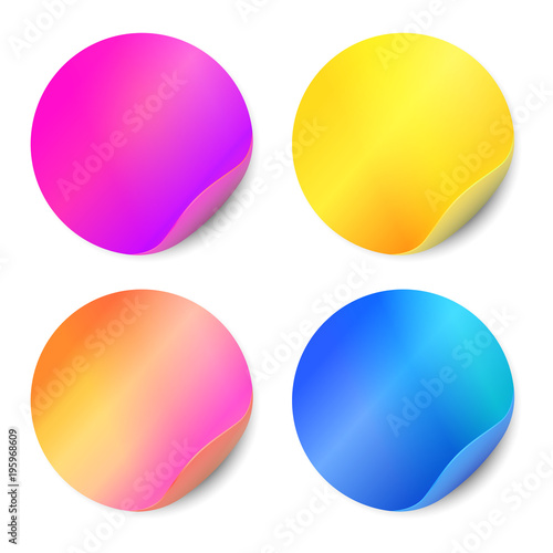 Vector set of blank stickers isolated on white background. Round stickers, color, holographic  for advertising design. 