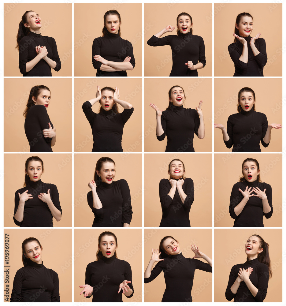 The collage of different human facial expressions, emotions and ...