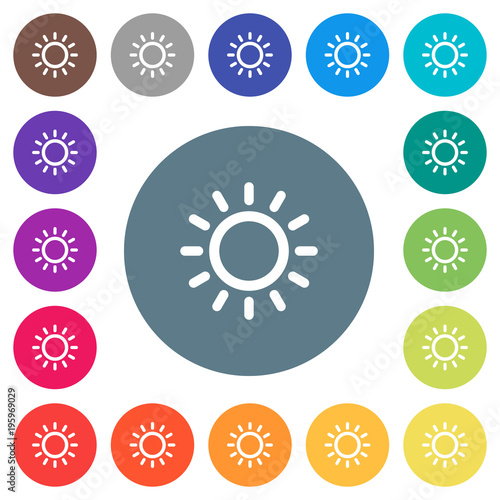 Brightness control flat white icons on round color backgrounds