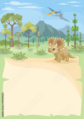 Vertical vector background with the image of a prehistoric landscape and dinosaur. Colorful illustration in cartoon style.