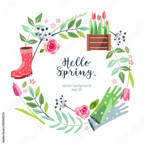 background hello spring summer floral tulip, seedling, gloves, peony, rose