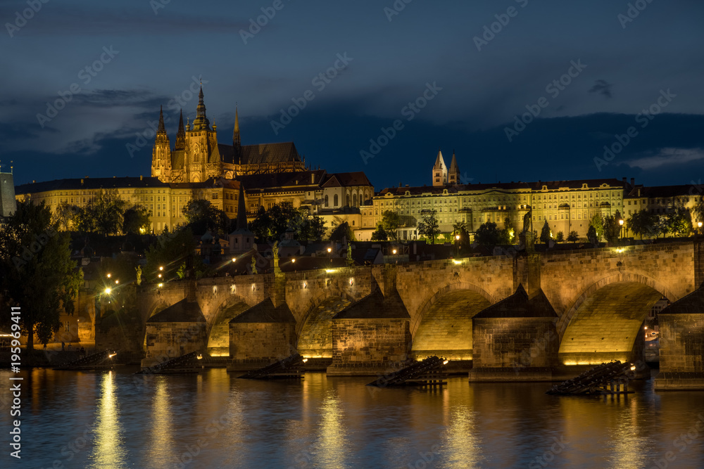 Blue hour shot of Charles Bridge and Prague Castle