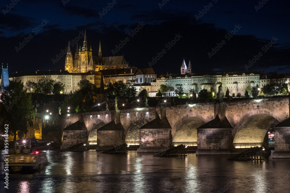 Night shot of Charles Bridge and Prague Castle