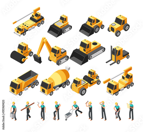 Isometric construction workers, building machinery and equipment 3d vector set