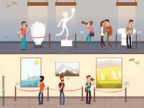 Museum interiors with visitors looking at exhibits vector illustration