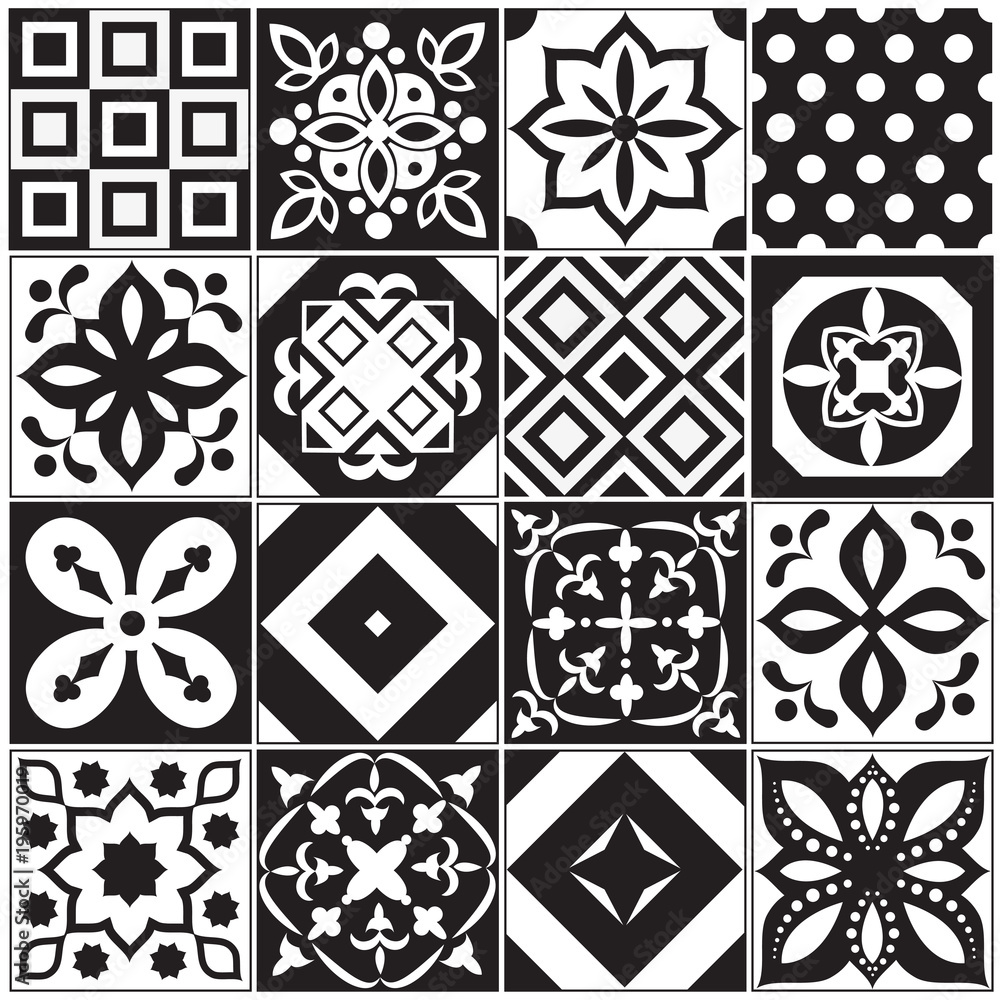 Vintage black and white traditional ceramic floor tile patterns vector
