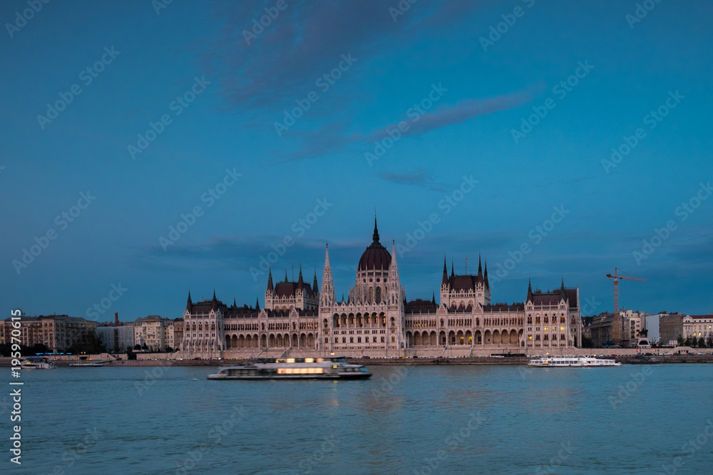 Wide shot of the Hungarian Parliament in Blue Hour