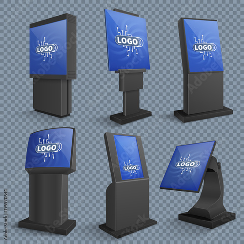 Touch screen computer terminals, lcd standing monitor of information kiosks vector set