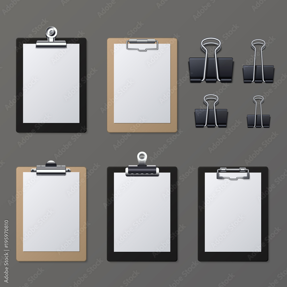 Realistic clipboards with blank white paper sheet. Notepad information board vector illustration Realistic clipboards with blank white paper sheet. Notepad information board vector illustration