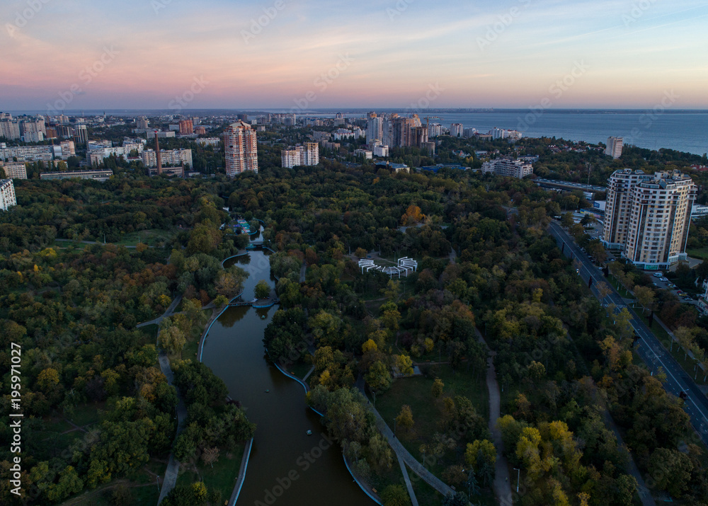 Fototapeta premium Aerial shot of Victory Park in Odessa at sunsrise