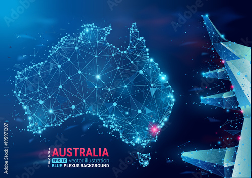 Map of Australia. Floating blue plexus geometric background. Abstract vector illustration. High tech, communications and travel. Effect of motion luminous particles and points. Frame construction.