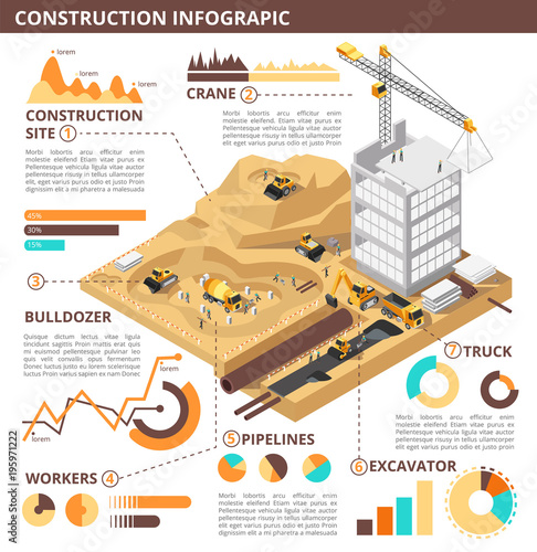 Building construction 3d isometric vector industrial infographic