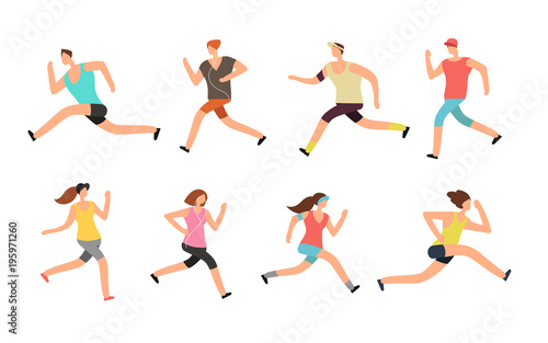 Athlete man and woman running. Energetic people runners in sportswear vector set