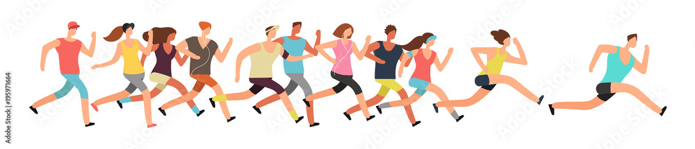 Jogging people. Runners group in motion. Running men and women sports background