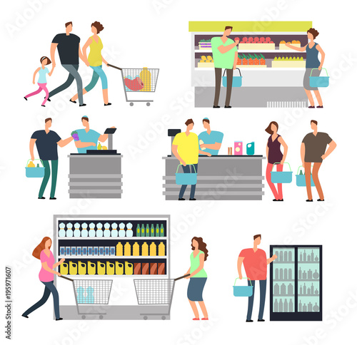 Shopping shop people in supermarket. Family buyers and store employees in mall vector icons set