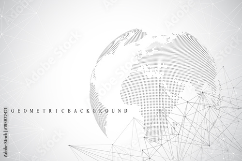 Big data visualization with a world globe. Abstract vector background with dynamic waves. Global network connection. Technological sense abstract illustration.