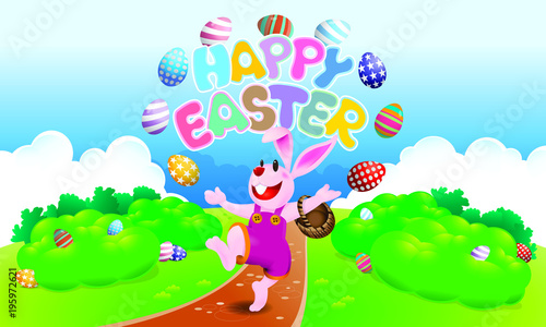 Easter day vector with a cute rabbit and easter eggs. With spring scenery background.