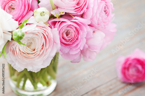 White and pink ranunculus  buttercup  in vase on wooden background