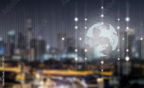 Global Communication technology on night city background, Network Connection Business concept