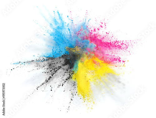 CMYK Farbe Pulver Explosion von Cyan Magenta Gelb Schwarzem Toner oder Tinte für Drucker