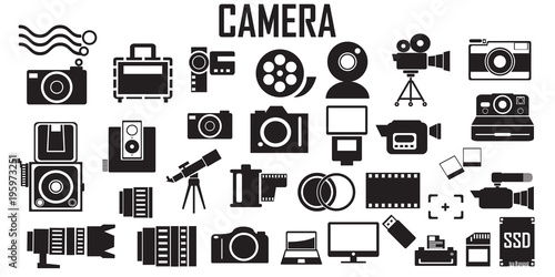 camera ,photo, photography, digital, lens, film illustration flat icons. mono vector symbol