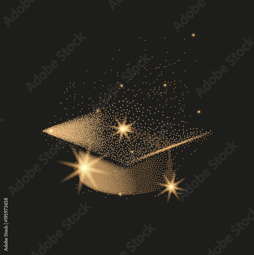 Graduation hat or mortar board. Divergent gold particles abstract illustration.