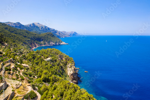 Island scenery, seascape of Mallorca Spain. Idyllic coastline of Majorca, Mediterranean Sea on sunny day photo