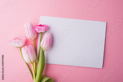 Easter and spring flat lay on a pink background.
