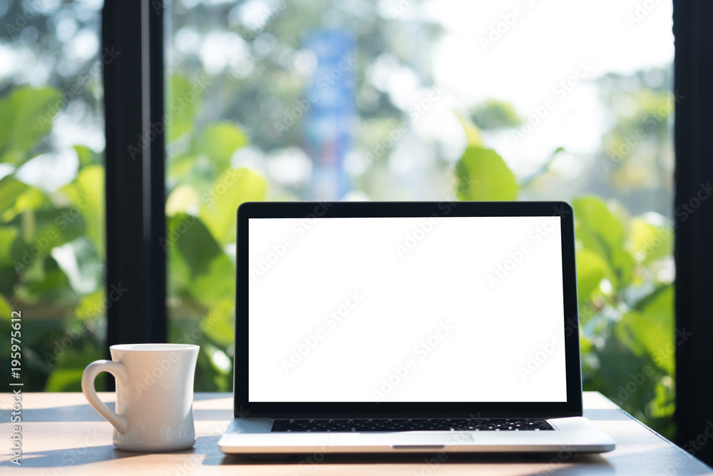 Laptop with blank screen on table. Workspace background new project on laptop computer with blank copy space screen for your advertising text message Laptop with blank screen on table. Workspace background new project on laptop computer with blank copy space screen for your advertising text message