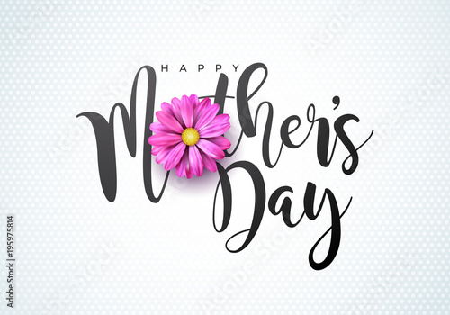Happy Mothers Day Greeting card illustration with flower and typographic design on white background. Vector Celebration Illustration template for banner, flyer, invitation, brochure, poster.