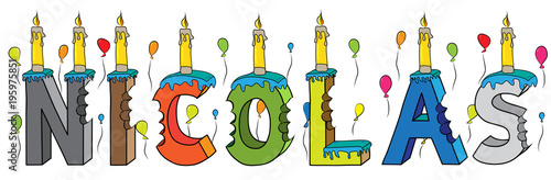 Nicolas male first name bitten colorful 3d lettering birthday cake with candles and balloons