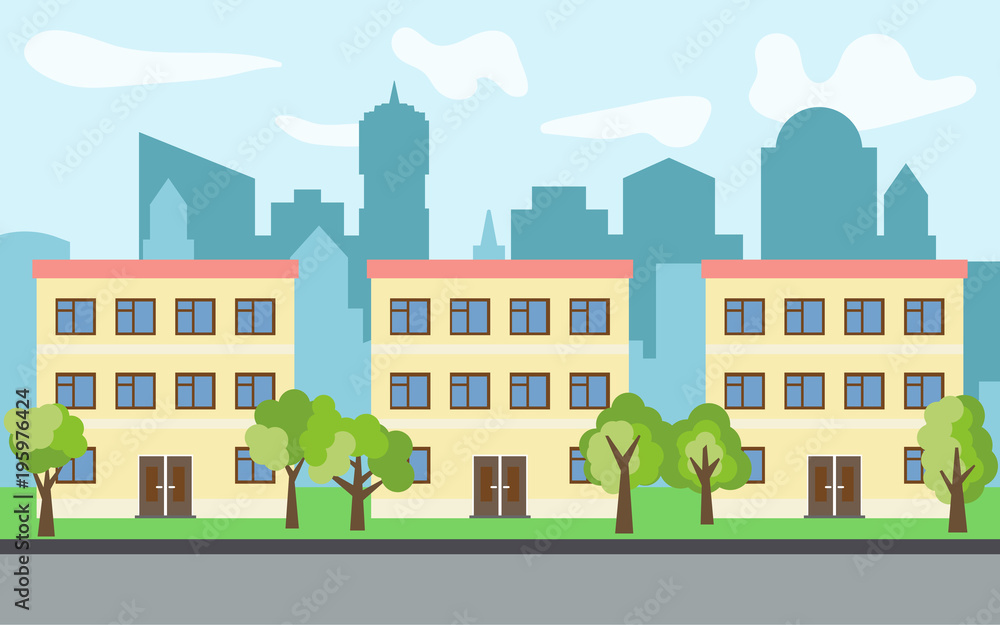 Vector city with three three-story cartoon houses and green trees in the sunny day. Summer urban landscape. Street view with cityscape on a background
