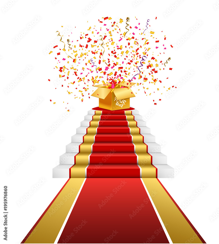 Red carpet, golden gift box with confetti Red carpet, golden gift box with confetti
