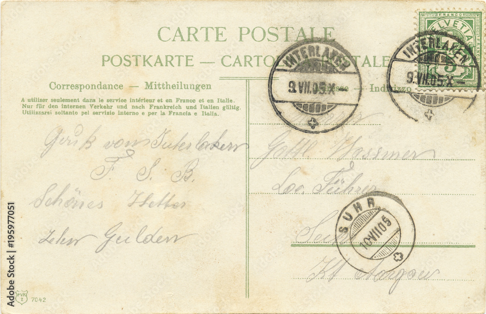 Swiss old postcard. 1905. Stamp detailed. Close up
