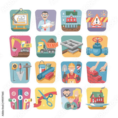 Construction icons vector constructive equipmentor tools of builder or constructor to build new house for family illustration of building or engineering signs set isolated on white background