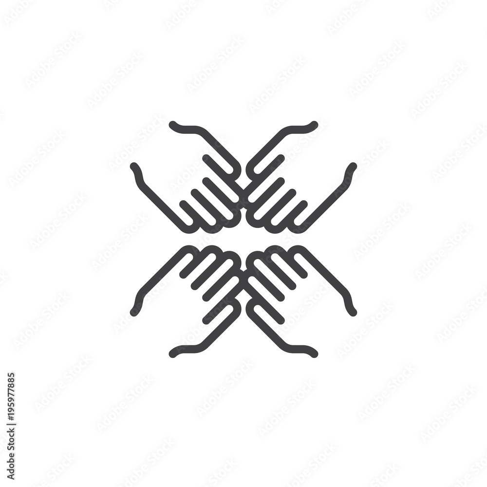 Four hands join together outline icon. cooperation linear style sign