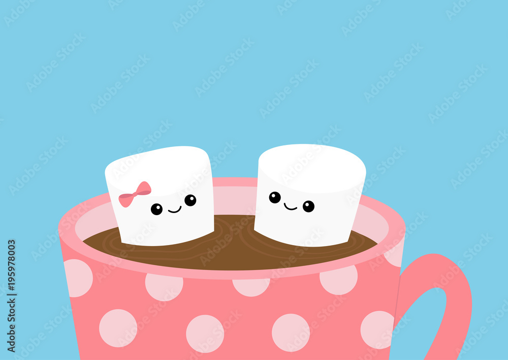 Marshmallows with eyes and smiles. Taking bath. Mug Cup with coffee cocoa  drink. Happy Valentines Day. Funny face. Cute cartoon character. Love. Flat  design. Marshmallow couple set. Pink background. Stock Vector |