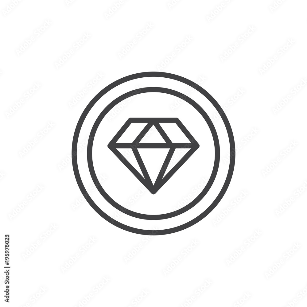 Diamond in circle outline icon. linear style sign for mobile concept and web design. Brilliant jewelry gem simple line vector icon. Symbol, logo illustration. Pixel perfect vector graphics Diamond in circle outline icon. linear style sign for mobile concept and web design. Brilliant jewelry gem simple line vector icon. Symbol, logo illustration. Pixel perfect vector graphics