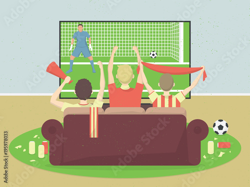 Soccer / Football Team Fans Watch TV With Game, Sitting On the Couch. Celebrating Goal Scored.