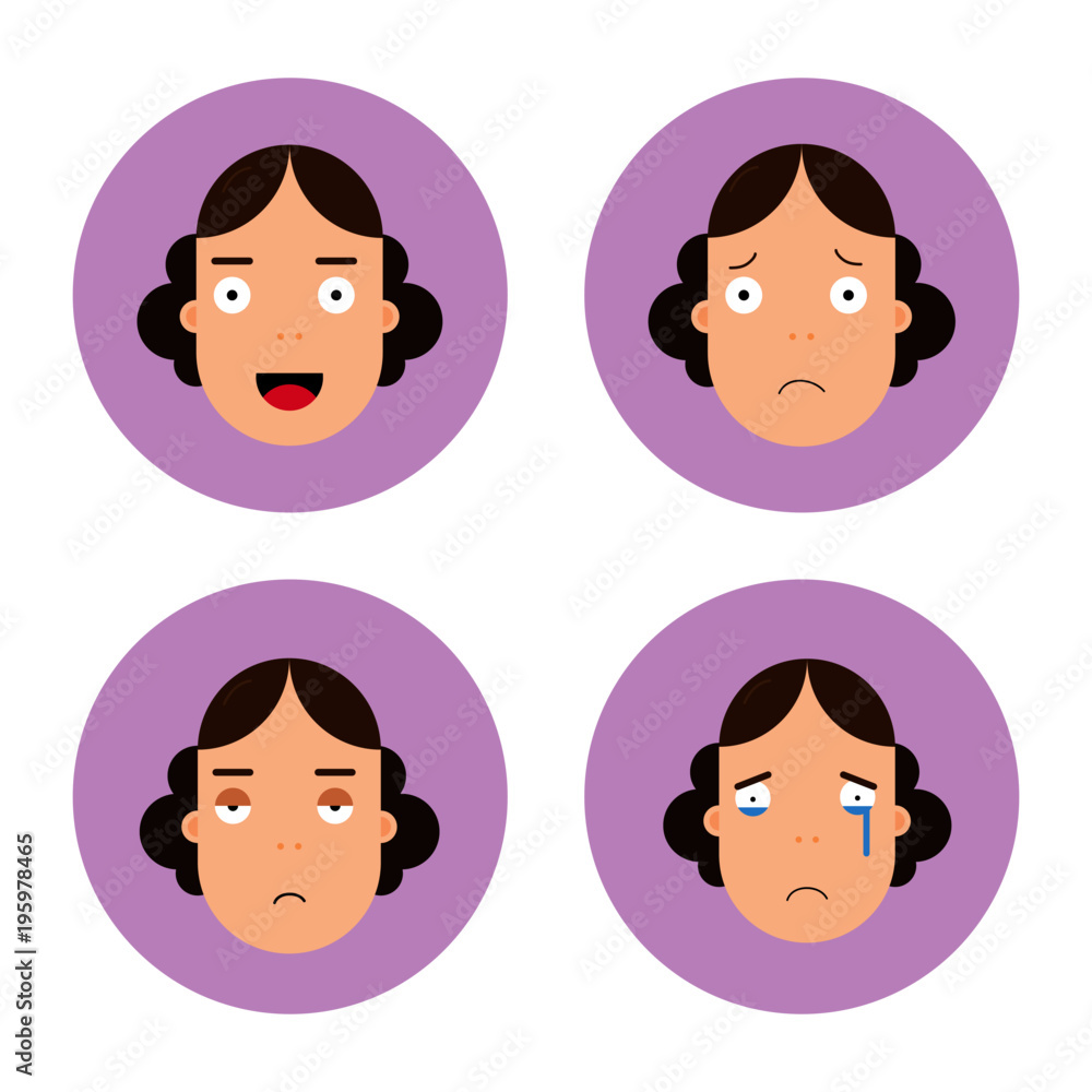 emotions set, set of flat face girl emotions emotions set, set of flat face girl emotions