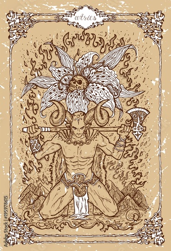 Vector Fantasy Zodiac sign Aries or Ram in gothic frame on texture. Hand drawn engraved illustration