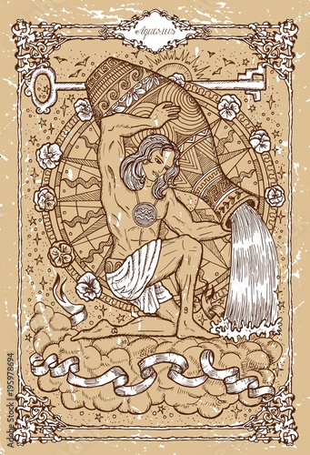 Vector Fantasy Zodiac sign Aquarius in gothic frame on texture. Hand drawn engraved illustration