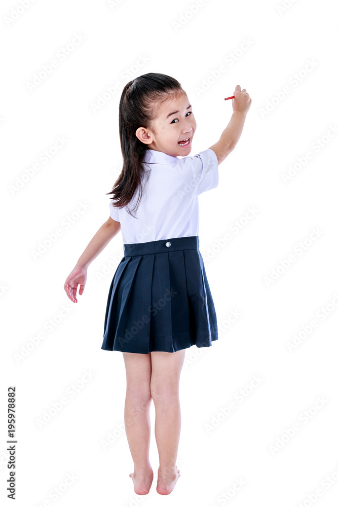 Asian girl laughing and holding red crayon. Isolated on white background. Asian girl laughing and holding red crayon. Isolated on white background.