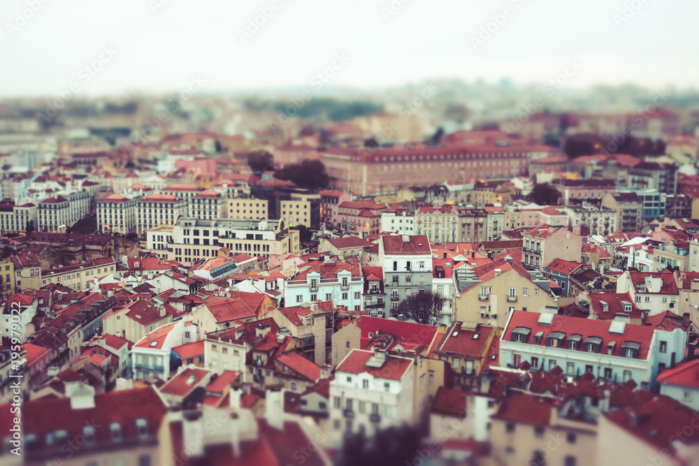 Top view of Lisbon downtown red roof buildings