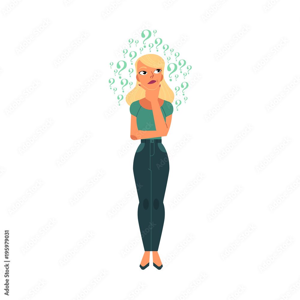 Vector flat young cute caucasian adult blonde woman in casual clothing. Beautiful character standing thoughtful pose holding chin thinking with questions above head. Isolated background illustration Vector flat young cute caucasian adult blonde woman in casual clothing. Beautiful character standing thoughtful pose holding chin thinking with questions above head. Isolated background illustration